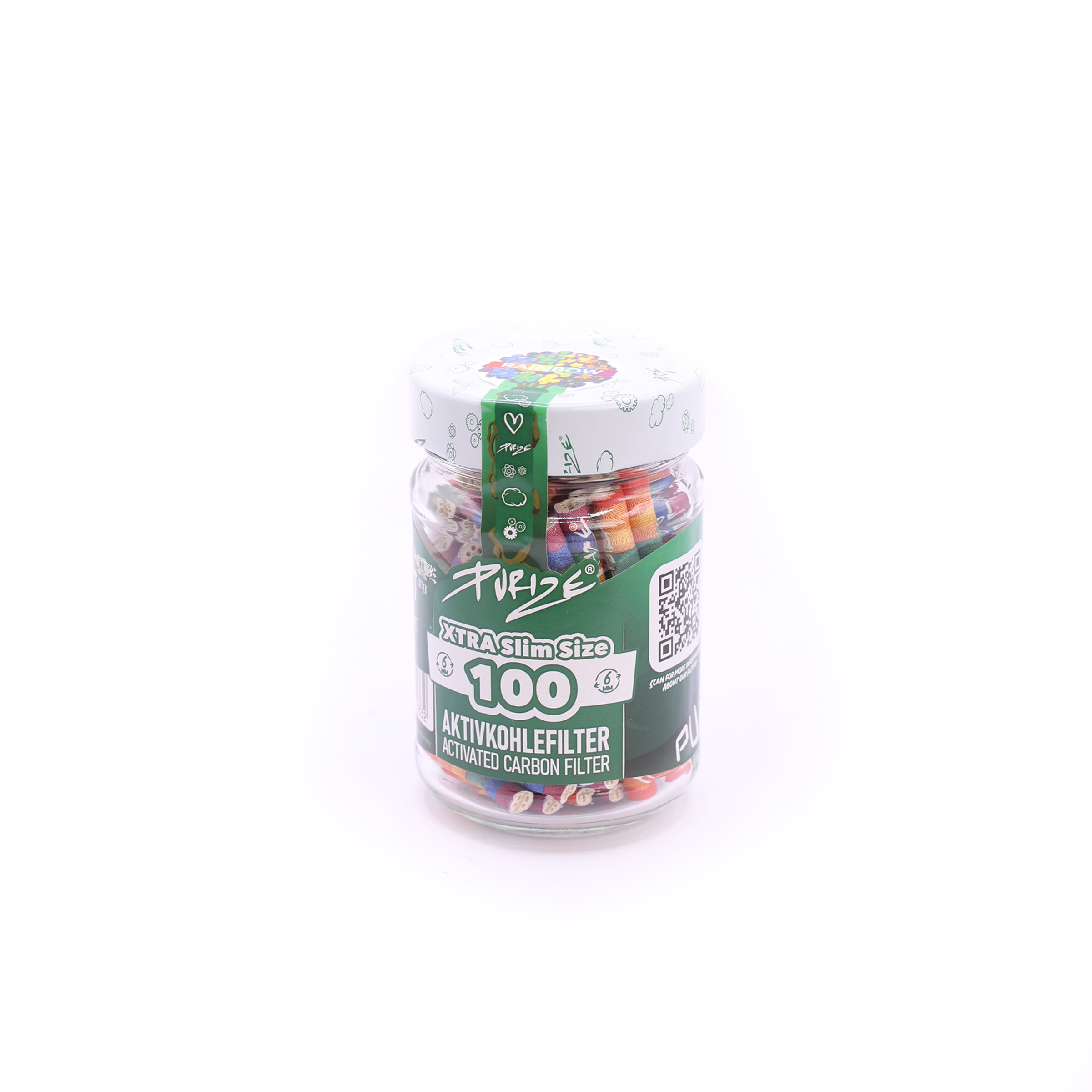 PURIZE® XTRA Slim Size RAINBOW Aktivkohlefilter 100er Glas